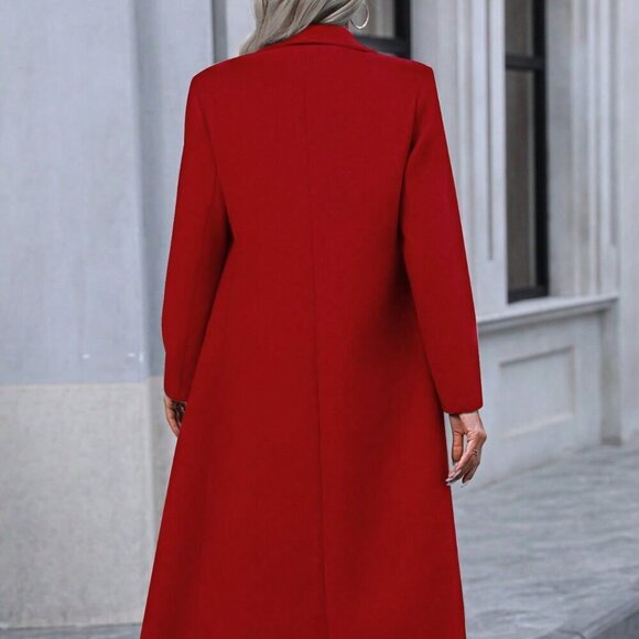 Red Casual Women's Woolen Coat With Button Fastening - Picture 3 of 6